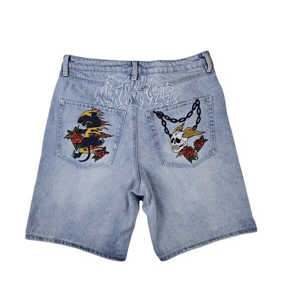 Ninth Hall Other - Ninth Hall Waylay Denim Shorts Men’s 32 Light Wash Embroidered Panther Skull Y2K